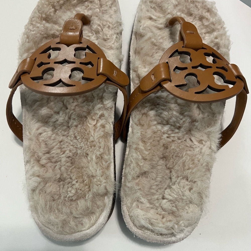 Tory Burch Brown Leather Logo Shearling Slide Sandals